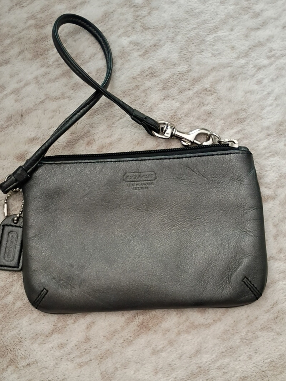 Coach Black Leather Wristlet with Silver Hardware